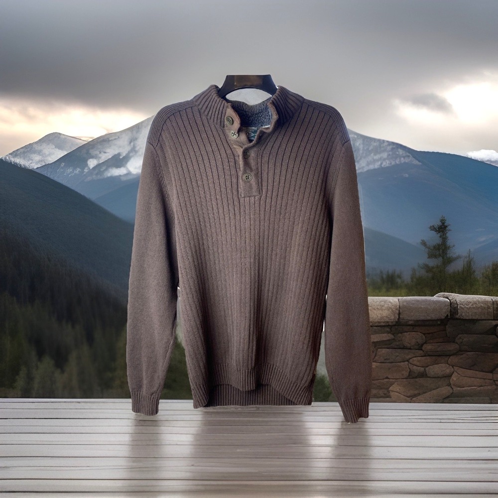 G.H. Bass & Co.  Sweater Mens XL‎ Brown Henley Sherpa Collar Rib Pullover Preppy